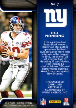 2016 Panini Certified - EPIX Play Relics Season #7 Eli Manning Back