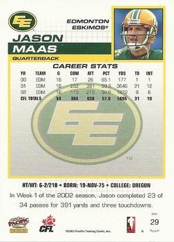 2003 Pacific  CFL - Red #29 Jason Maas Back