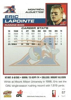 2003 Pacific  CFL - Red #57 Eric Lapointe Back