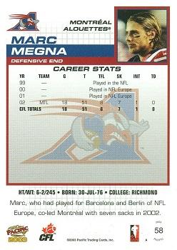 2003 Pacific  CFL - Red #58 Marc Megna Back