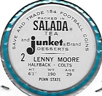 1962 Salada Coins #2 Lenny Moore Back
