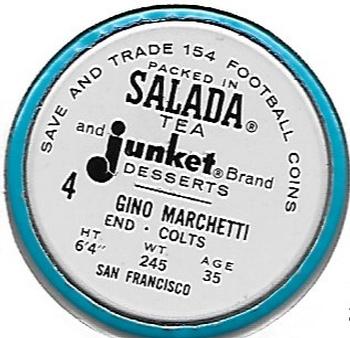 1962 Salada Coins #4 Gino Marchetti Back