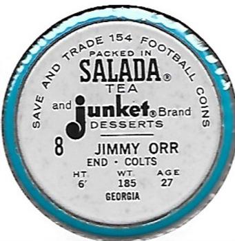 1962 Salada Coins #8 Jimmy Orr Back
