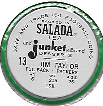 1962 Salada Coins #13 Jim Taylor Back