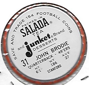 1962 Salada Coins #31 John Brodie Back