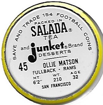 1962 Salada Coins #45 Ollie Matson Back