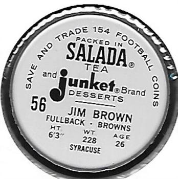 1962 Salada Coins #56 Jim Brown Back