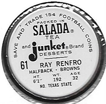 1962 Salada Coins #61 Ray Renfro Back
