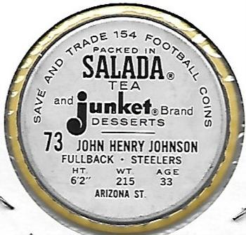 1962 Salada Coins #73 John Henry Johnson Back