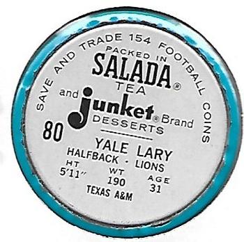 1962 Salada Coins #80 Yale Lary Back