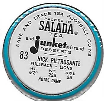 1962 Salada Coins #83 Nick Pietrosante Back