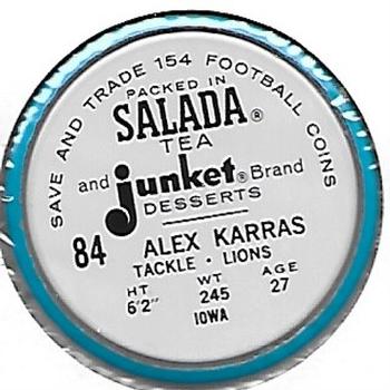 1962 Salada Coins #84 Alex Karras Back