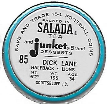1962 Salada Coins #85 Dick Lane Back