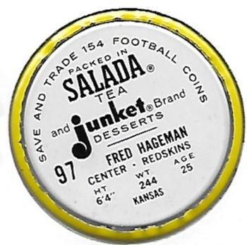 1962 Salada Coins #97 Fred Hageman Back