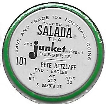 1962 Salada Coins #101 Pete Retzlaff Back
