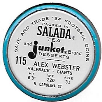 1962 Salada Coins #115 Alex Webster Back