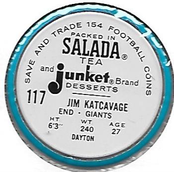 1962 Salada Coins #117 Jim Katcavage Back