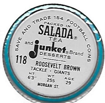 1962 Salada Coins #118 Roosevelt Brown Back