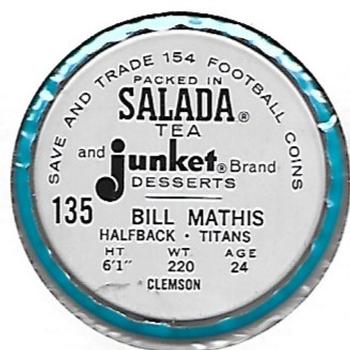 1962 Salada Coins #135 Bill Mathis Back