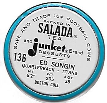 1962 Salada Coins #136 Butch Songin Back