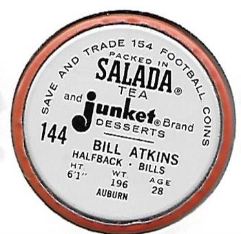 1962 Salada Coins #144 Bill Atkins Back