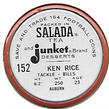 1962 Salada Coins #152 Ken Rice Back