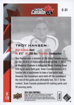2014 Upper Deck USA Football - Team Canada #C-31 Troy Hansen Back