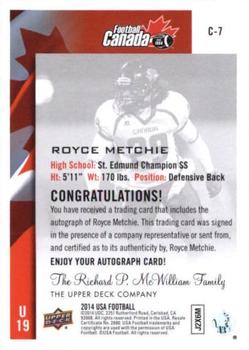 2014 Upper Deck USA Football - Team Canada Autograph #C-7 Royce Metchie Back