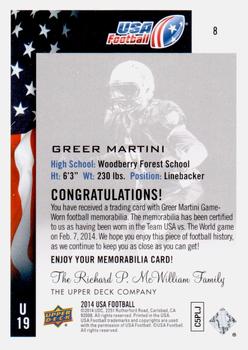 2014 Upper Deck USA Football - Future Swatch #8 Greer Martini Back