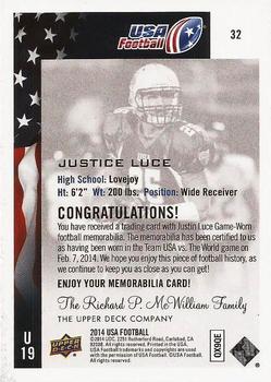 2014 Upper Deck USA Football - Future Swatch #32 Justice Luce Back