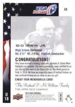 2014 Upper Deck USA Football - Future Swatch #68 Sid Irwin Jr. Back