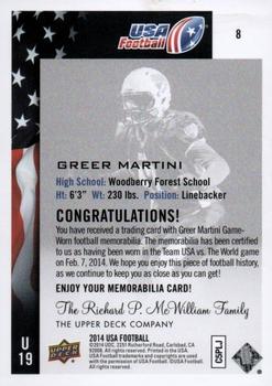 2014 Upper Deck USA Football - Future Swatch Patch #8 Greer Martini Back