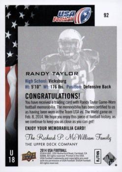 2014 Upper Deck USA Football - Future Swatch Patch #92 Randy Taylor Back