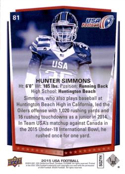 2015 Upper Deck USA Football #81 Hunter Simmons Back