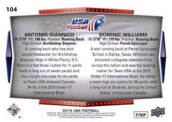 2015 Upper Deck USA Football #104 Antonio Giannico / Dominic Williams Back
