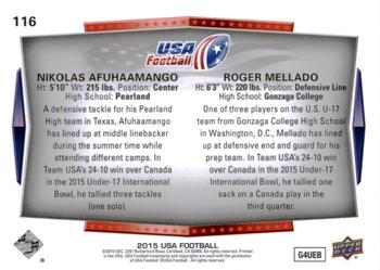 2015 Upper Deck USA Football #116 Nikolas Afuhaamango / Roger Mellado Back