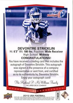 2015 Upper Deck USA Football - Autograph #14 Devontre Stricklin Back