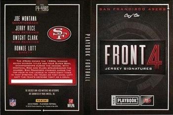2016 Panini Playbook - Front 4 Jersey Signatures Booklet Prime #F4-49RS Jerry Rice / Dwight Clark / Joe Montana / Ronnie Lott Back