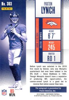 2016 Panini Contenders #303 Paxton Lynch Back