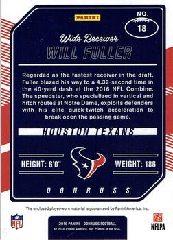 2016 Donruss - Rookie Phenom Jersey Relics Red Foil #18 Will Fuller Back