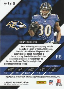 2016 Panini Unparalleled - RPS Rookie Materials #RM-DI Kenneth Dixon Back