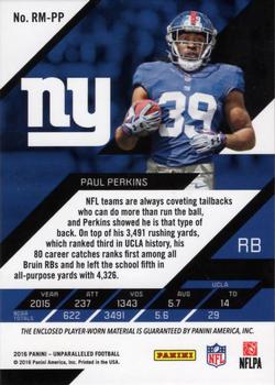 2016 Panini Unparalleled - RPS Rookie Materials Dual #RM-PP Paul Perkins Back