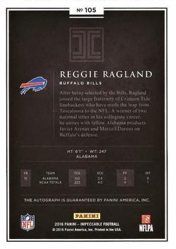 2016 Panini Impeccable - Rookie Autographs Silver #105 Reggie Ragland Back