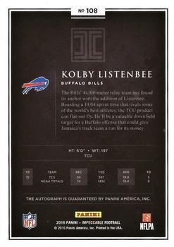 2016 Panini Impeccable - Rookie Autographs Silver #108 Kolby Listenbee Back