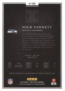 2016 Panini Impeccable - Rookie Autographs Gold #132 Nick Vannett Back