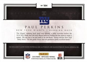 2016 Panini Impeccable - Elegance Rookie Helmet and Nameplate Autographs #184 Paul Perkins Back