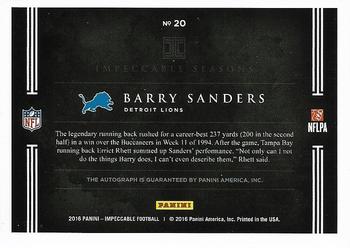 2016 Panini Impeccable - Impeccable Seasons Autographs #20 Barry Sanders Back