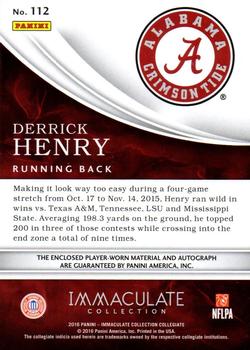 2016 Panini Immaculate Collection Collegiate - Patch Autographs #112 Derrick Henry Back