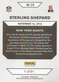 2016 Panini Instant #215 Sterling Shepard Back