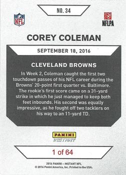 2016 Panini Instant #34 Corey Coleman Back
